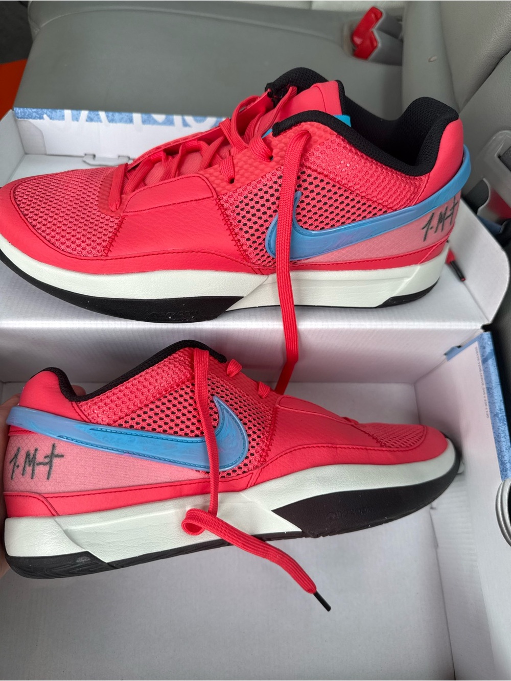 Nike Ja-1 Men’s Low-Top Sneakers in Bright Pink/Red with Light Blue Swoosh